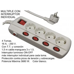 BASE MULTIPLE 4 ENCHUFES CON CABLE 1,5M CON INTERRUPTOR